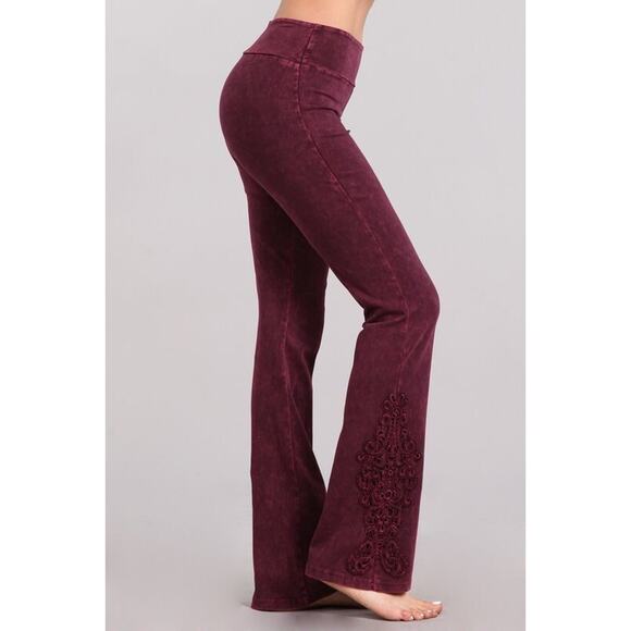 Chatoyant Mineral Wash Bootcut Crochet Lace Burgundy Small